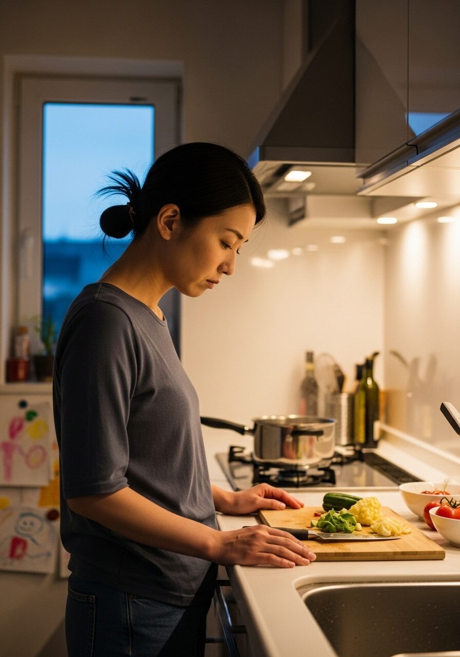 キッチンで料理をつくるのに疲れているワーキングマザー,写真　日本人