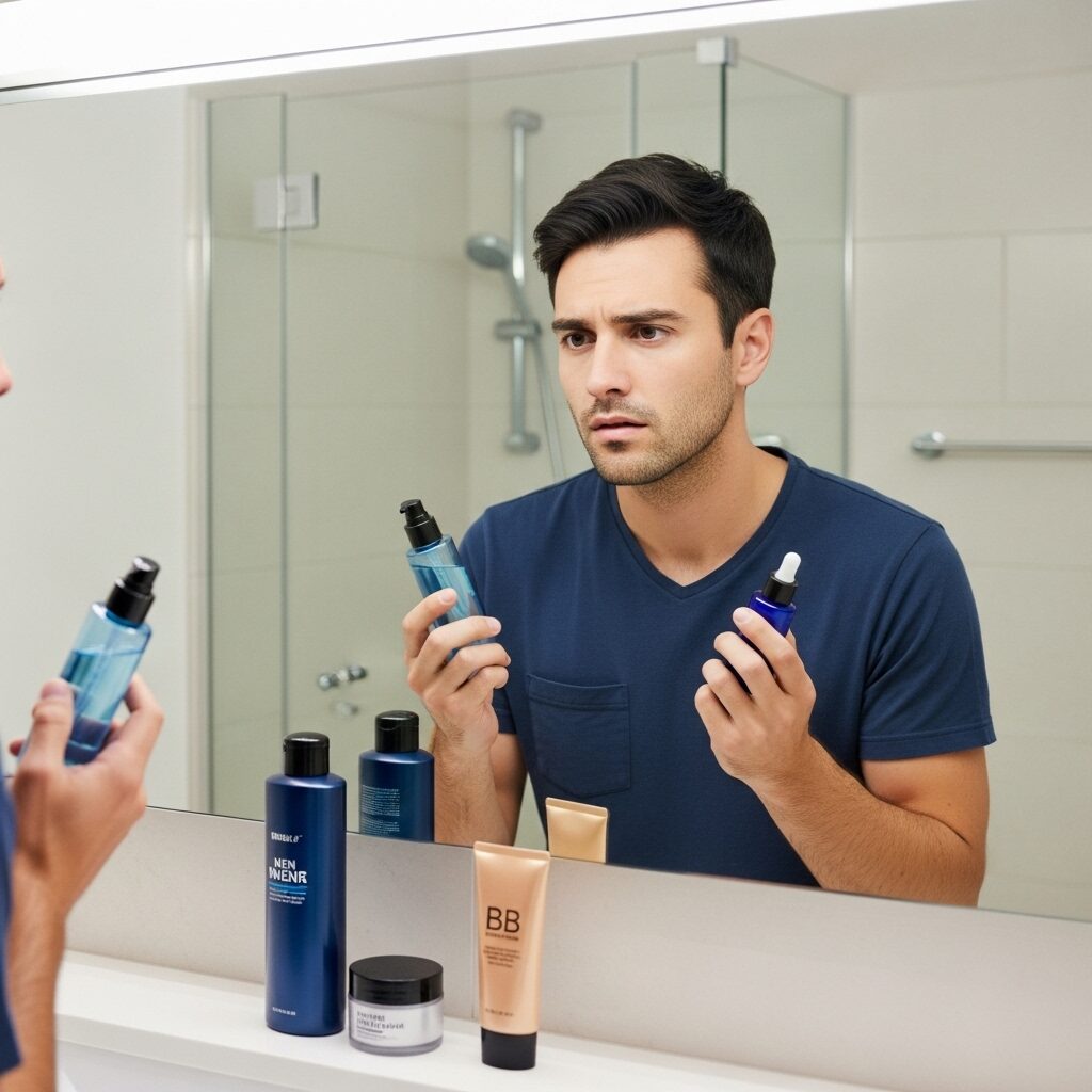 鏡の前でどのメンズ化粧水を選ぶか悩んでいる30代男性