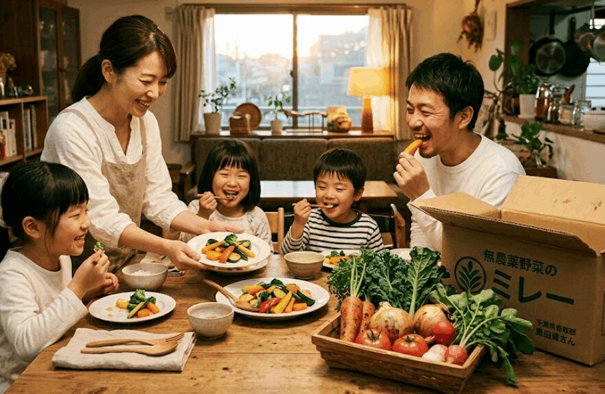 美味しい無農薬野菜を囲んで笑顔になる家族の食卓のイメージ