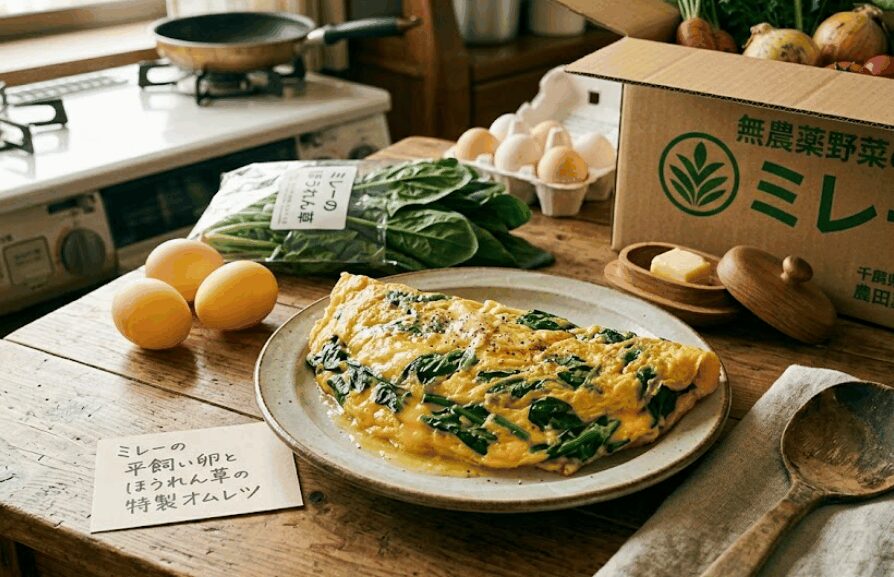 平飼い卵のコクとミレーの新鮮なほうれん草を使った特製オムレツ