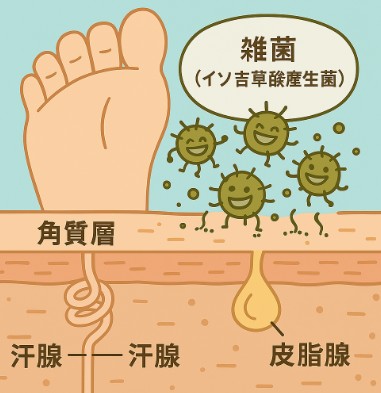 足の構造とニオイの原因菌のイラスト