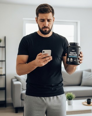 ジムウェアの男性がスマホでNaturecanの評判を検索し悩んでいる