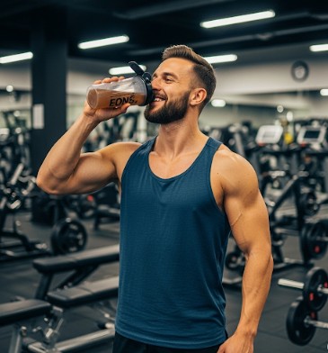 トレーニング後に達成感のある表情でNaturecanプロテインを飲む男性