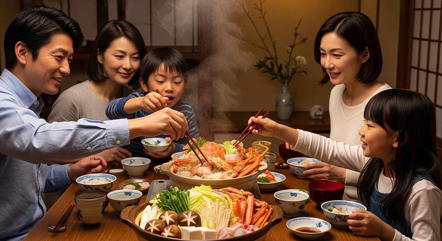 ますよねのカニを囲む家族の食卓