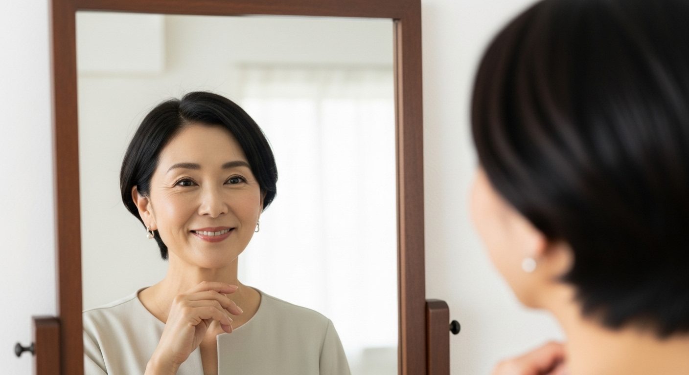 笑顔で鏡を見る50代の女性