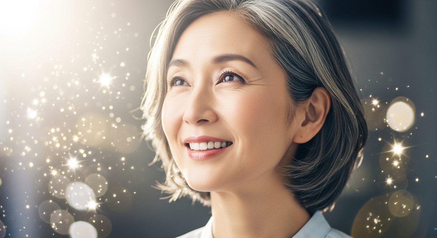 未来の自分に期待して微笑む女性