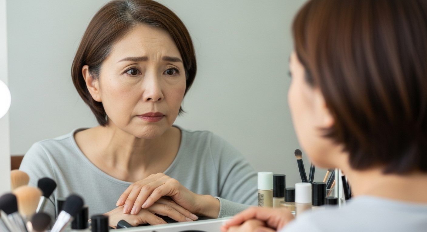 鏡を見て悩む50代女性