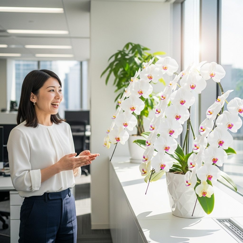 丁寧にラッピングされた胡蝶蘭と立て札