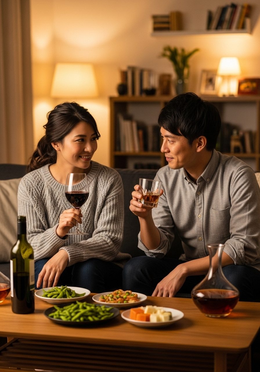 自宅で夫婦でゆっくりと晩酌を楽しむ30代夫婦