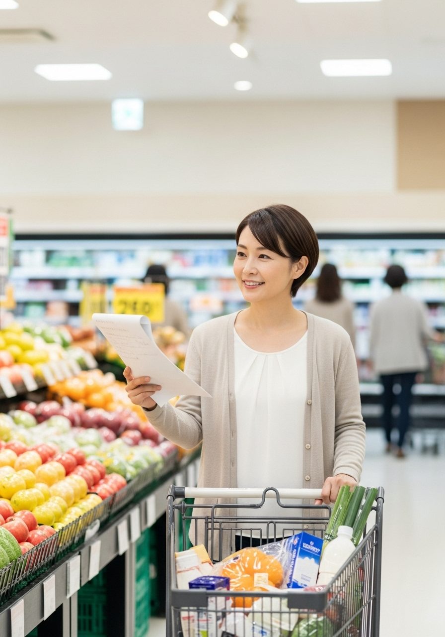 笑顔で買い物リストを見ながら、効率良くスーパーを回っている主婦