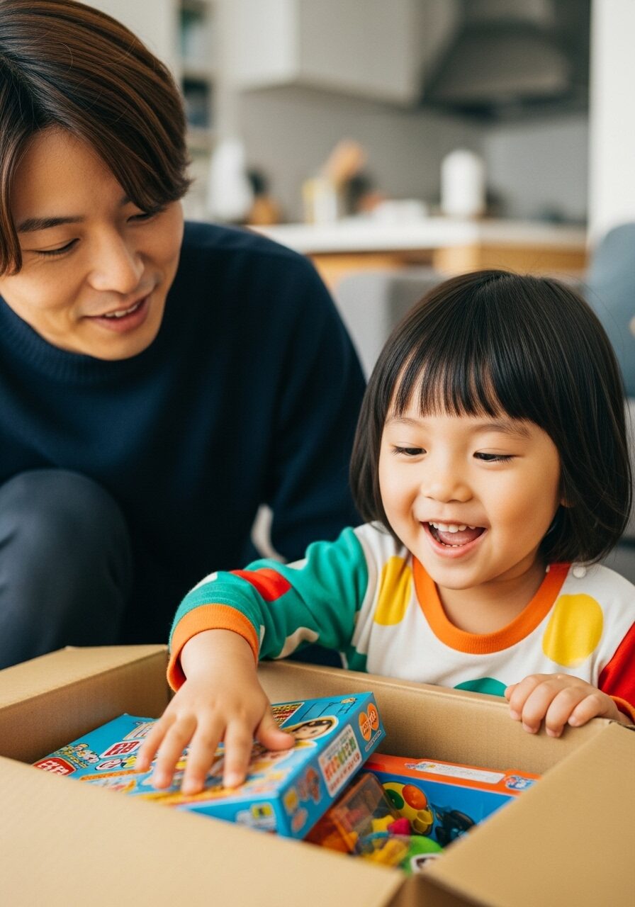 届いたおもちゃ箱を開けて、目を輝かせている3歳　娘と、それを見て微笑む親御　画像　日本