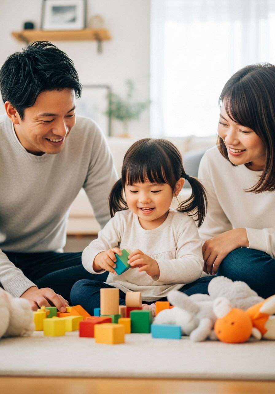 おもちゃで遊んでいる　目を輝かせている3歳　娘をみて微笑んでいる両親　画像　日本人