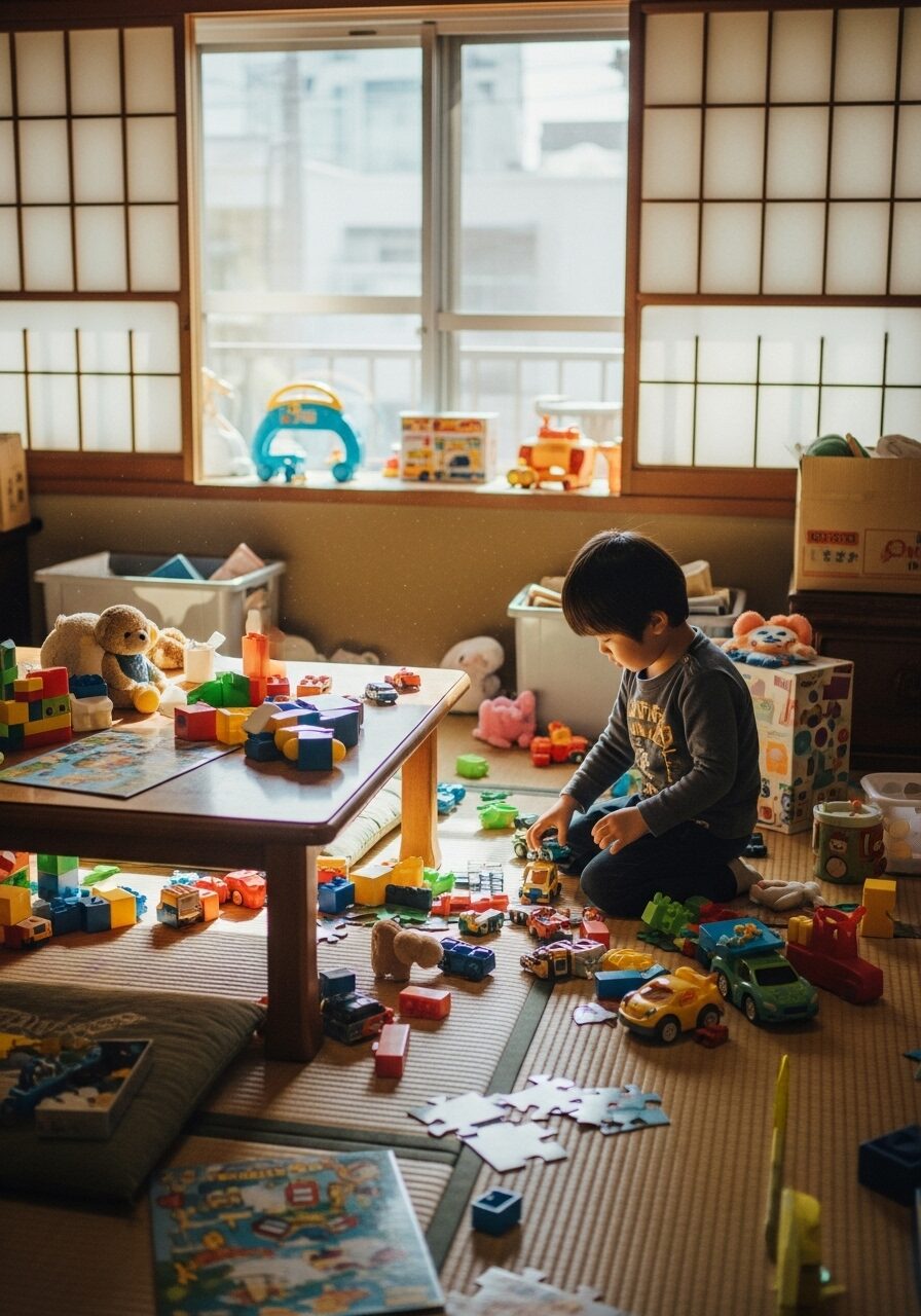 おもちゃで散らかったリビング画像　日本人