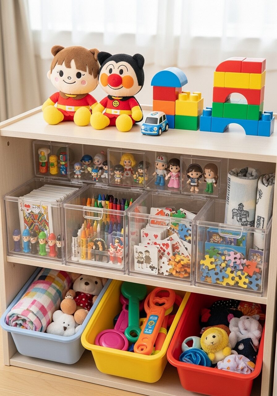収納ケースなどに　きれいに整理されたおもちゃ箱　画像　日本人