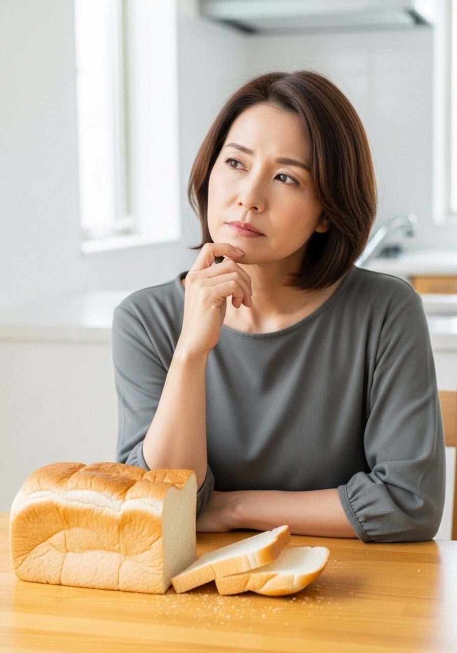食パンを前に考えている50代の主婦 日本人
