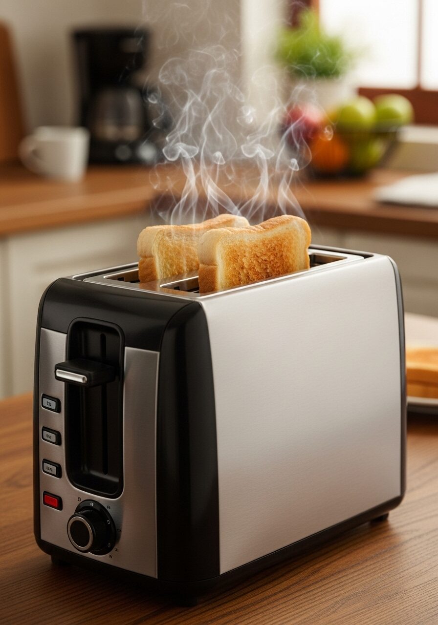 トースターから美味しそうなパンが出てくるシーン。温かい湯気も描く