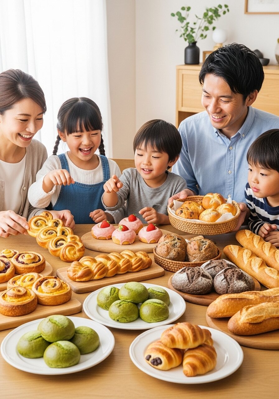 食卓に色とりどりのパンが並べられ、家族が笑顔で選んでいる楽しそうなシーンの写真 日本人