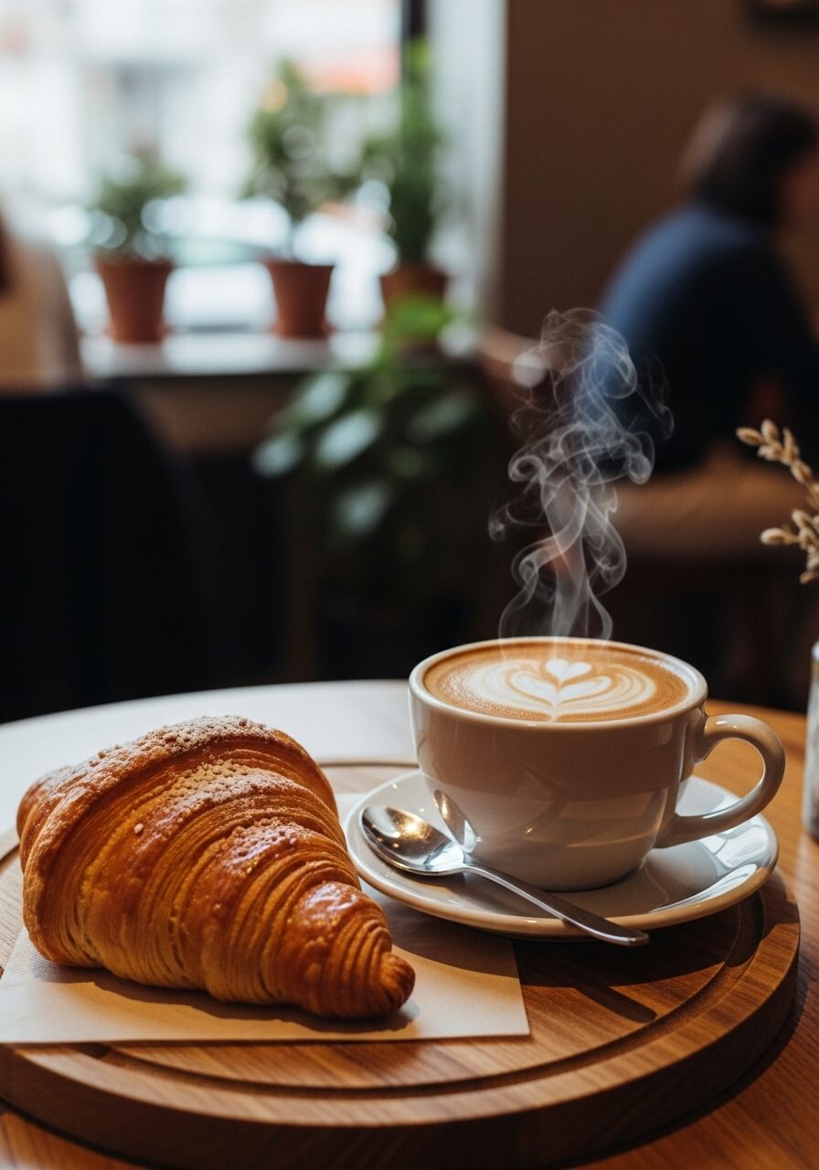 コーヒーカップの横に、美しいクロワッサンが置かれているおしゃれなカフェ風のシーン]