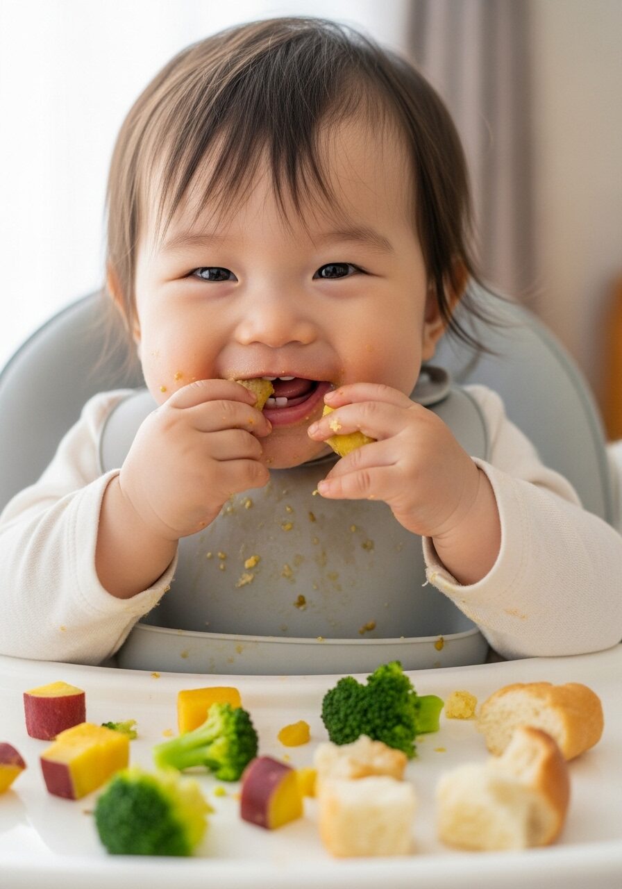 離乳食を赤ちゃんが手づかみで食べている様子の写真