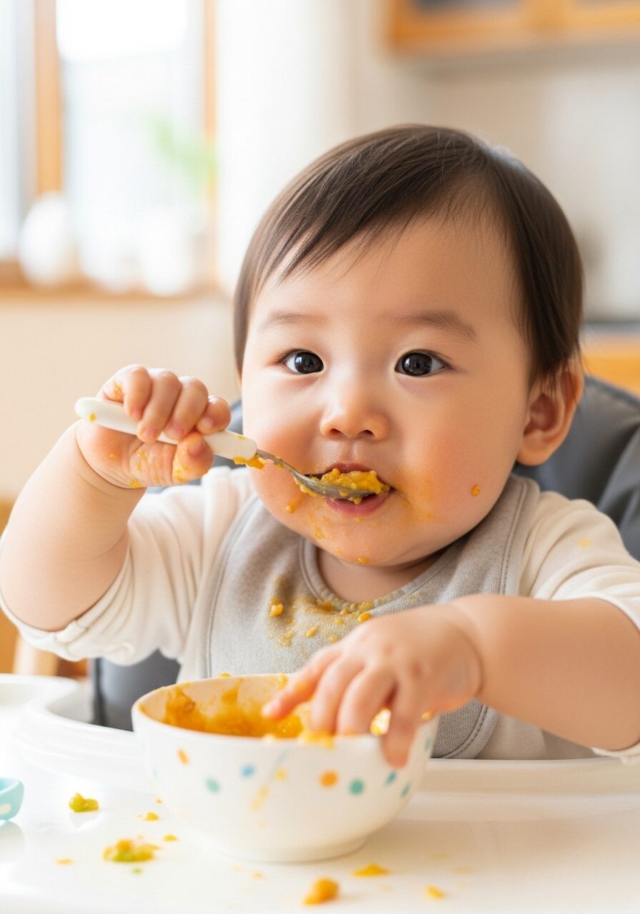 赤ちゃんが自分で食べたがる離乳食、9ヶ月写真