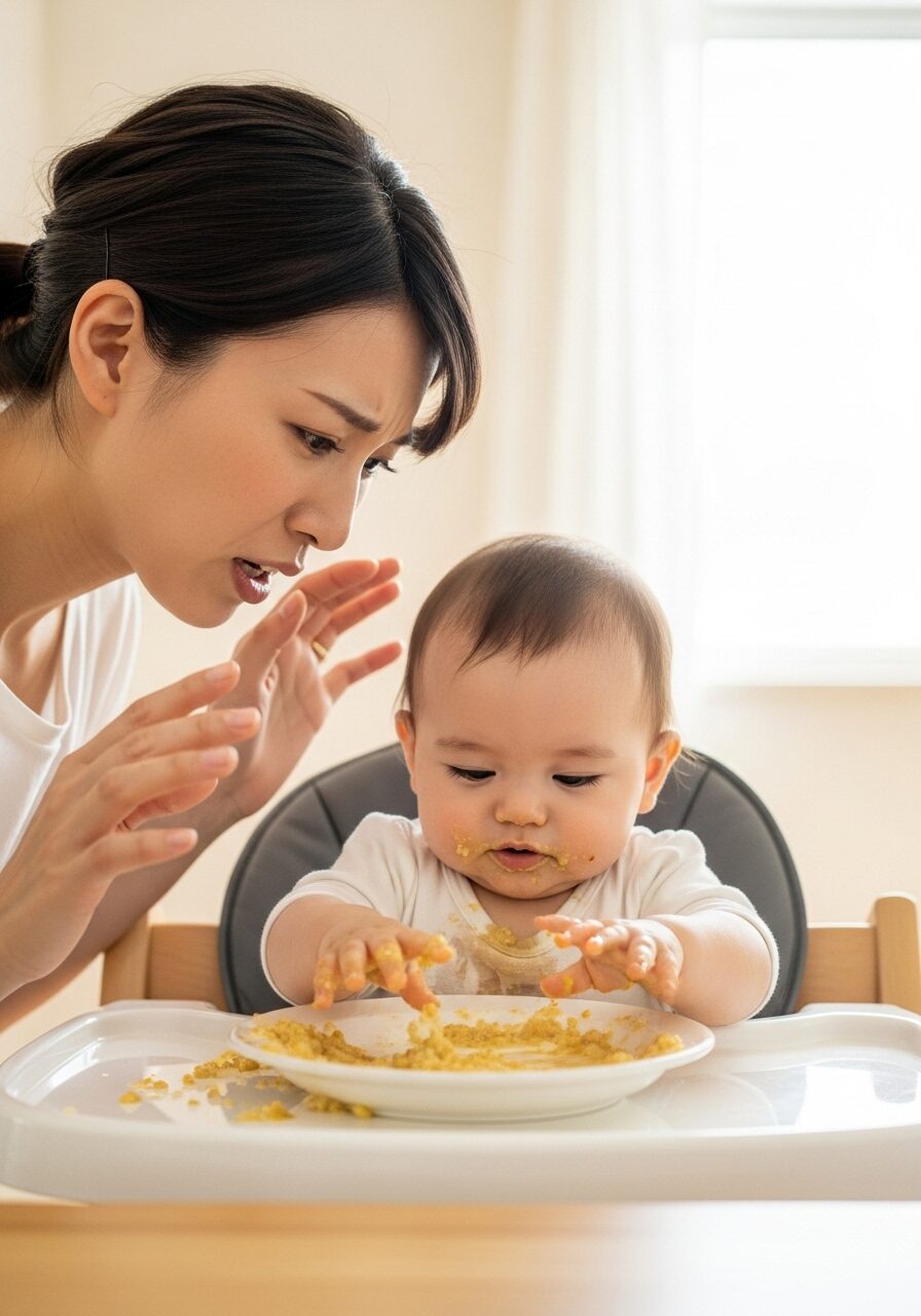 赤ちゃんがお皿に手を伸ばしてぐちゃぐちゃにして困っているママの写真　