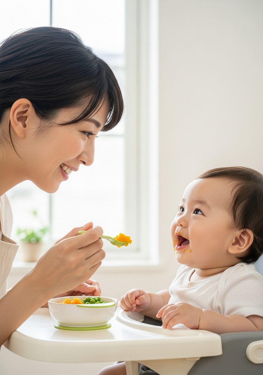 離乳食でよろこぶ赤ちゃんと一緒のママの写真　