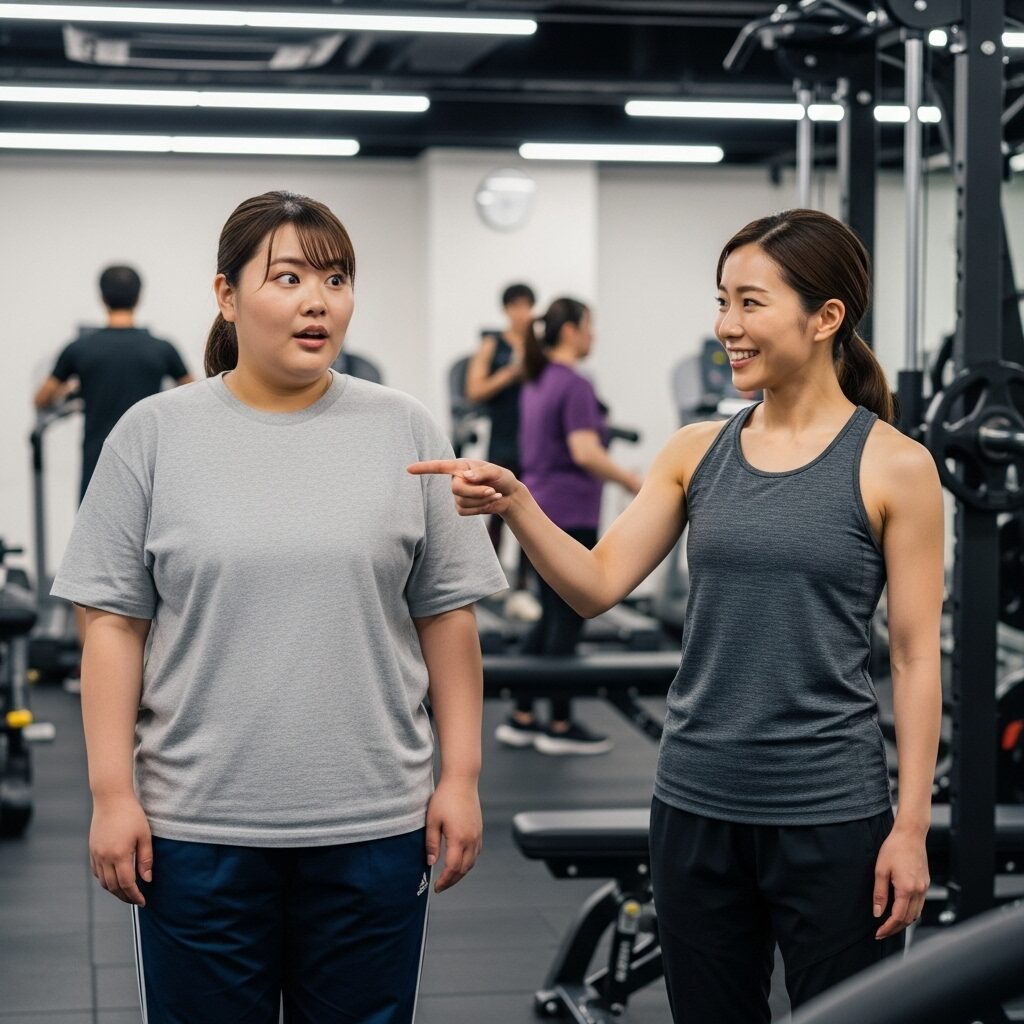 友達がジム通いで驚く少し太っている30代女性　日本人