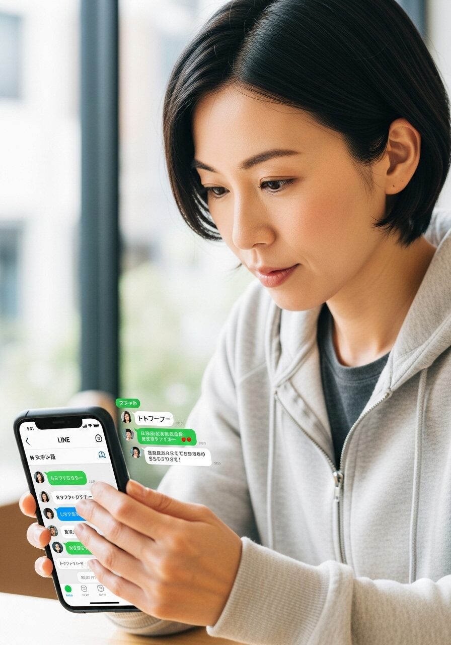 トレーナーにLINEで連絡している30代女性　日本人