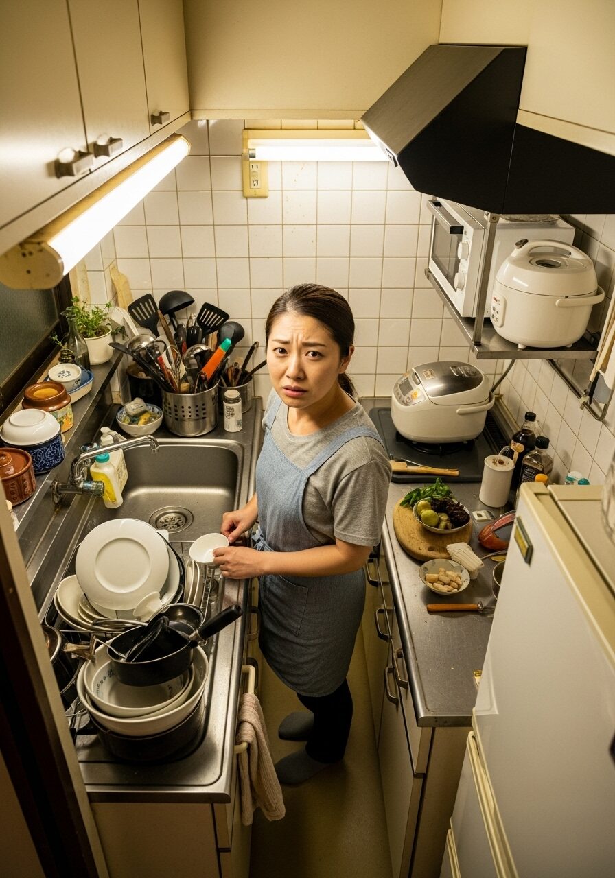 狭いキッチンで悩む主婦の写真 日本人