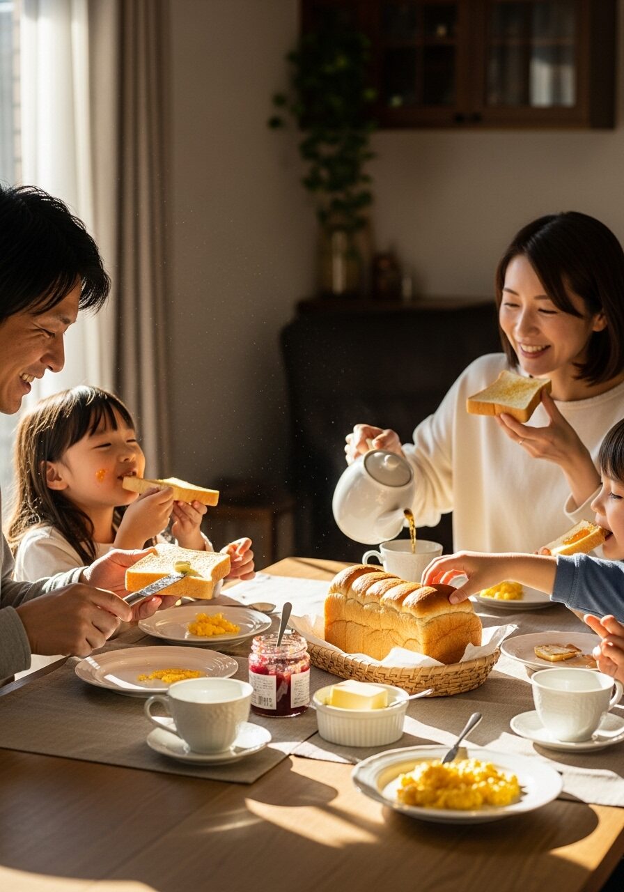 朝の食卓で家族4人が出来立ての食パンを食べている写真 日本人