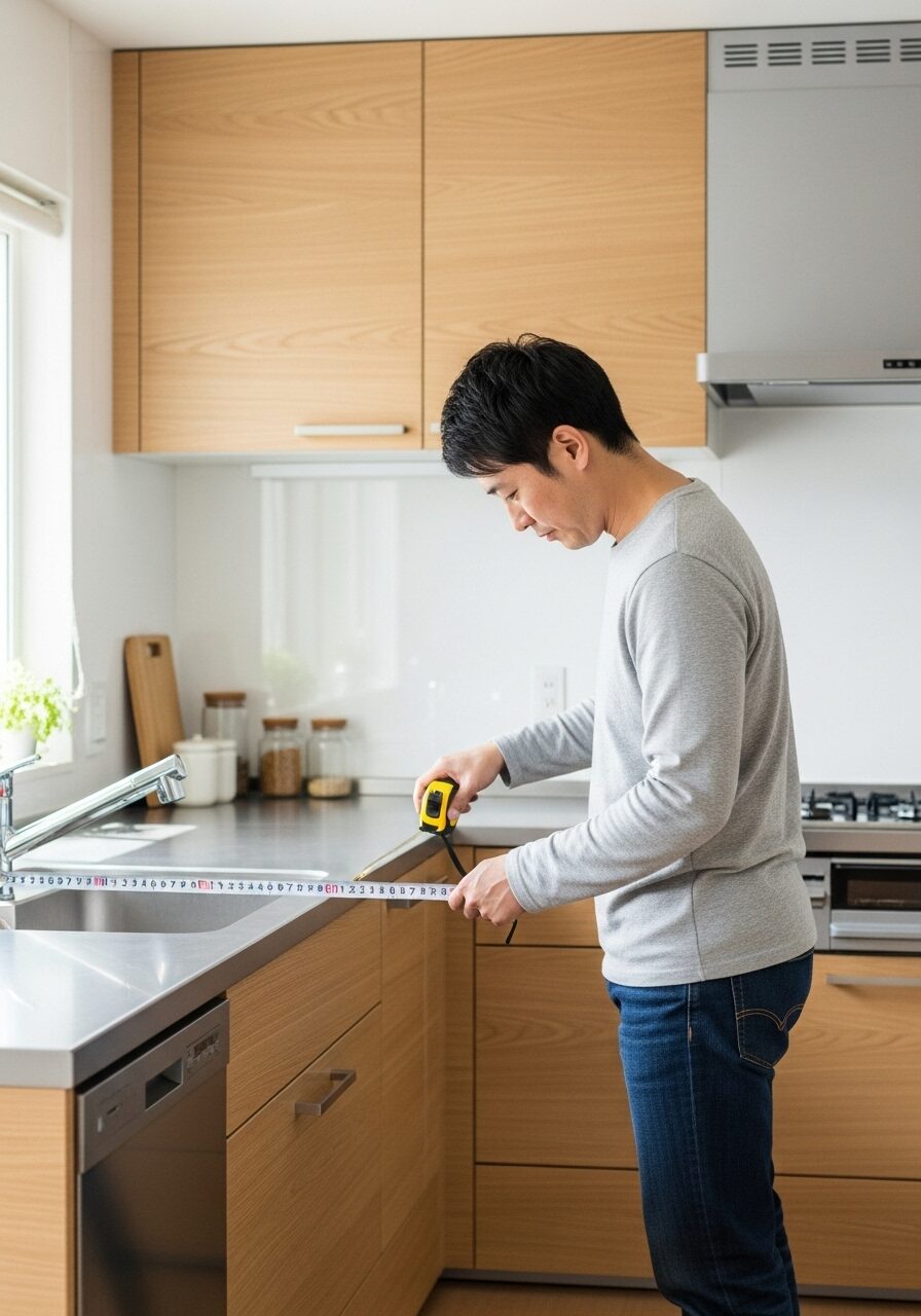 キッチンのスペースをメジャーで測っている男性の写真