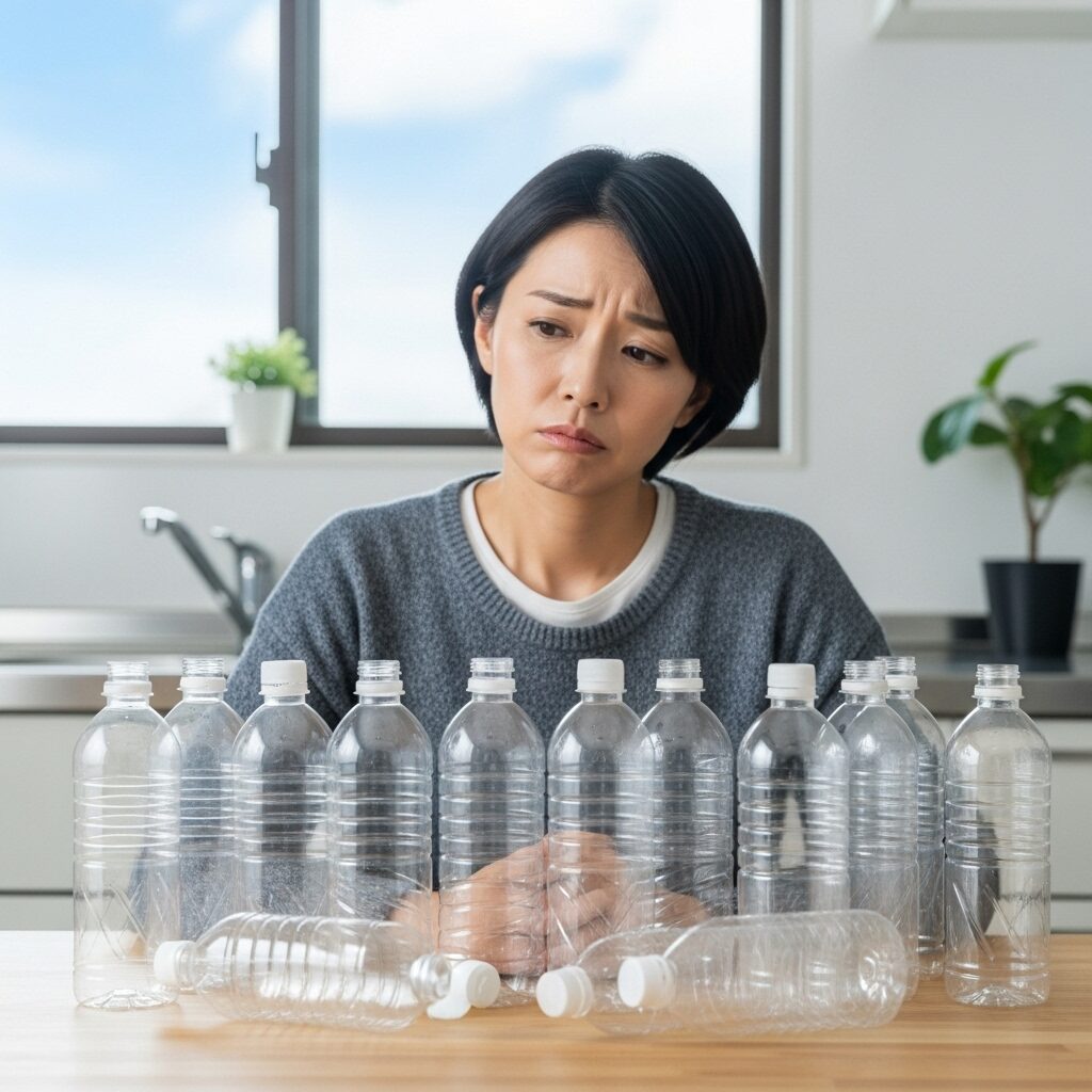 カラッポのペットボトル水10個を前にがっかりする40代主婦日本人