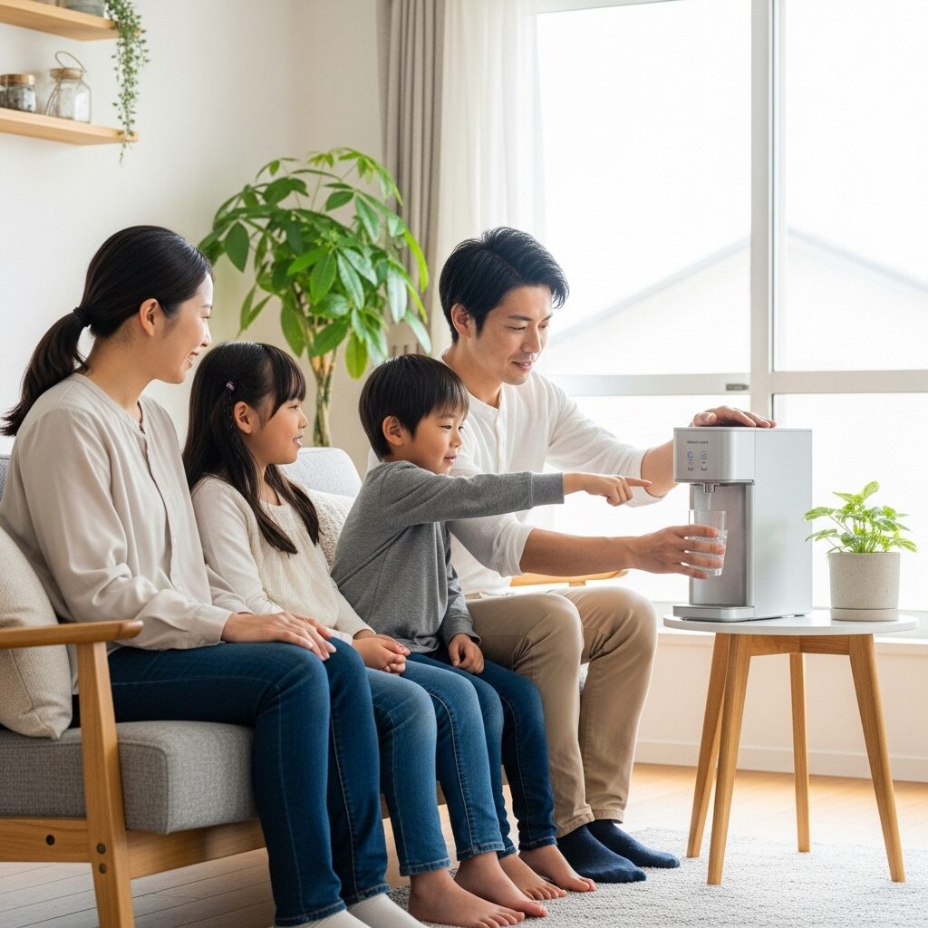 ウオータサーバーと家族4人で団らん