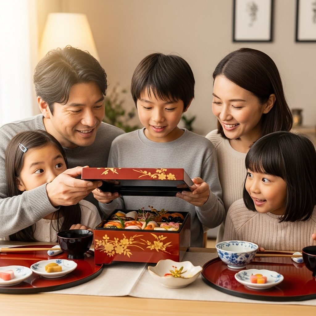 おせちを開封して感動する4人家族の食卓