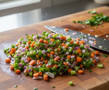 ガパオライスのためにみじん切りにされた野菜
