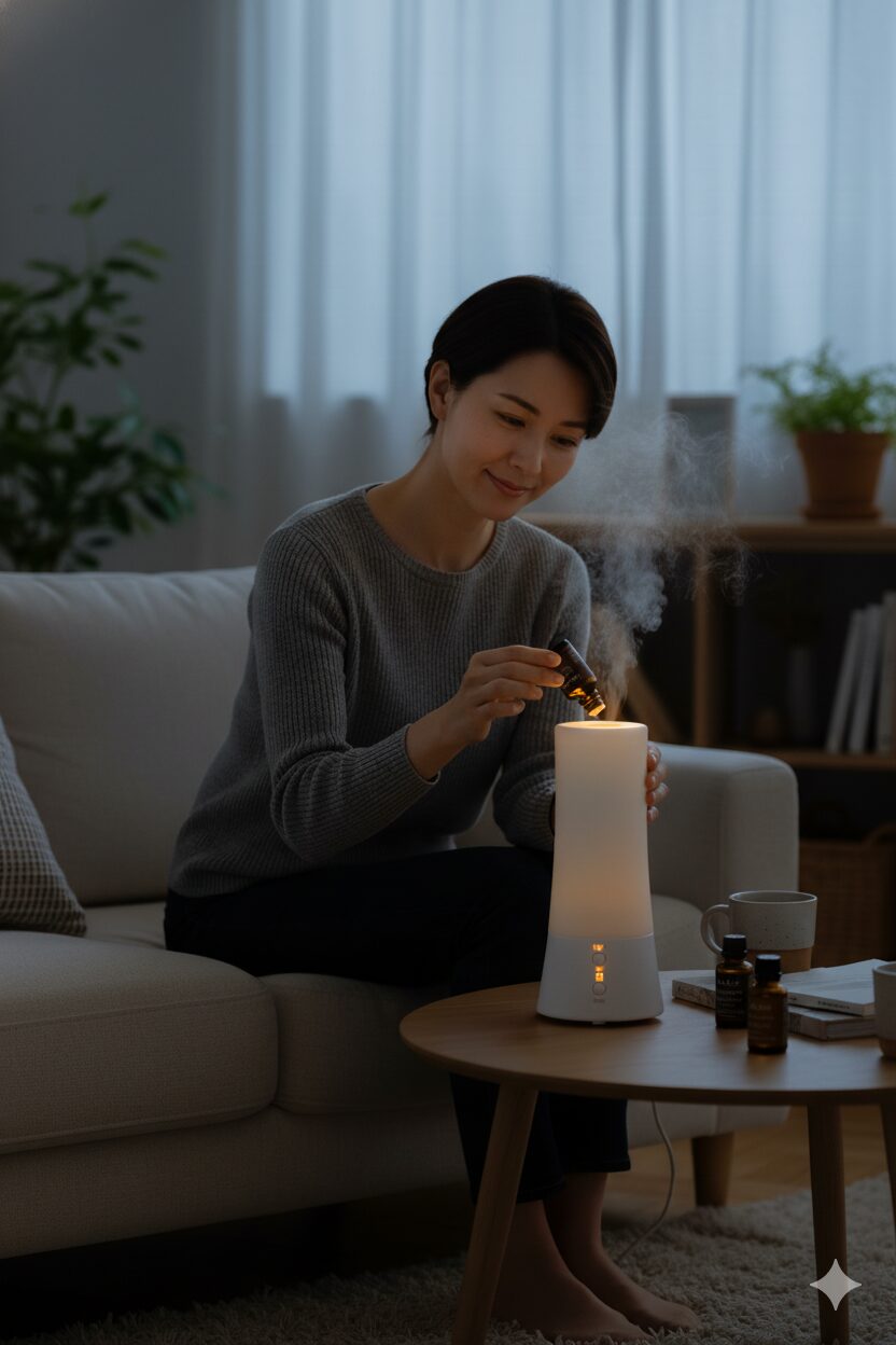 夜、リビングでラサーナ アロマディフューザーを使う様子