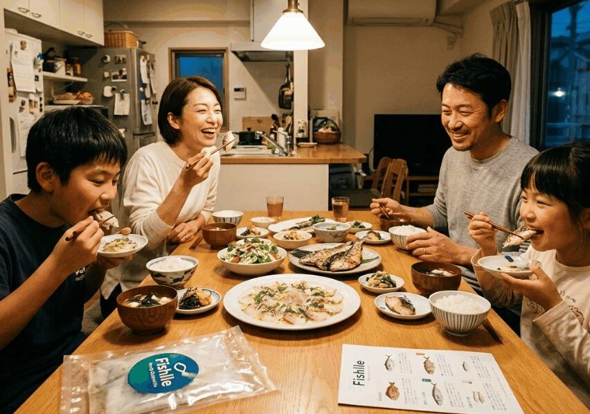 フィシュルで夕飯作りが5分で完成し、笑顔で食卓を囲む家族の様子