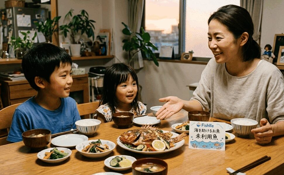 未利用魚を使った料理を囲みながら、子供たちと楽しく食育をする様子