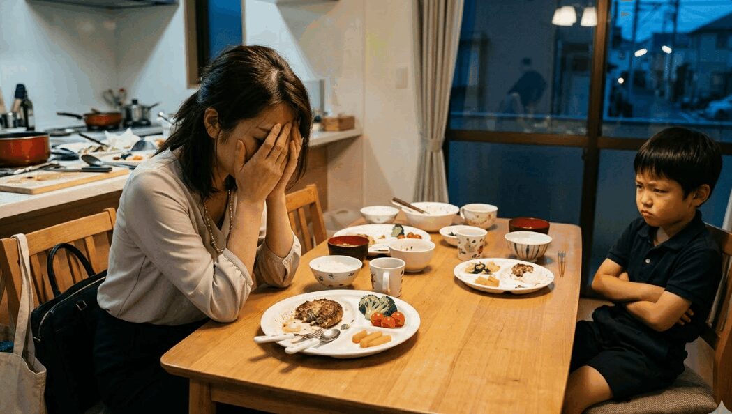 夕食作りに限界を感じて悩むお母さんと、ご飯を食べない小学生の男の子