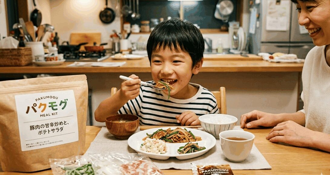 パクモグのミールキットで作った夕食を笑顔で食べる男の子と、それを見守るお母さん