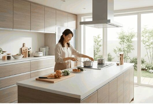 リフォームで実現した、広々としたシステムキッチンで料理を楽しむ女性の様子