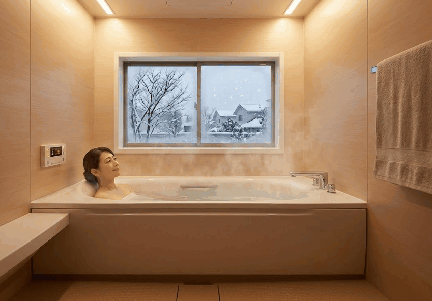 断熱性の高いユニットバスで、冬でも暖かく快適なバスタイムを過ごすイメージ