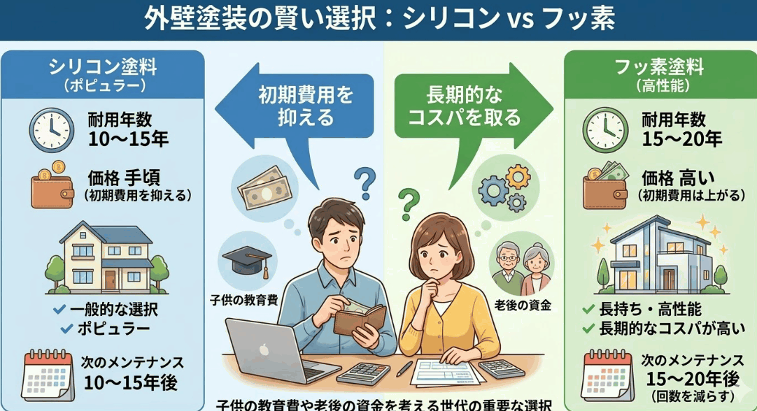 外壁塗装の適正価格や、シリコン塗料とフッ素塗料の耐用年数・価格の比較図