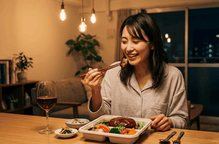 DELIPICKSで一番人気のハンバーグ赤ワインソース。付け合わせ野菜の彩りも良い実食写真