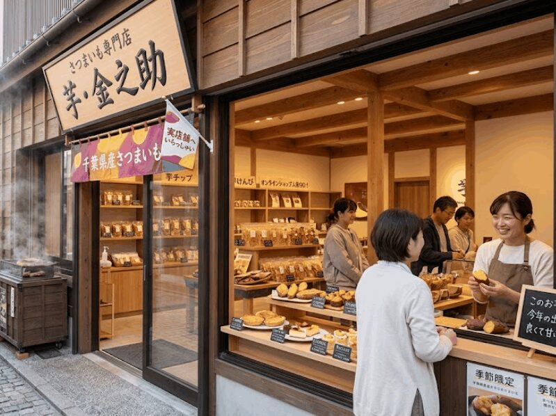 館山ドライブの休憩や帰省の手土産に大人気の無添加芋スイーツ「芋・金之助」の店舗ディスプレイ
