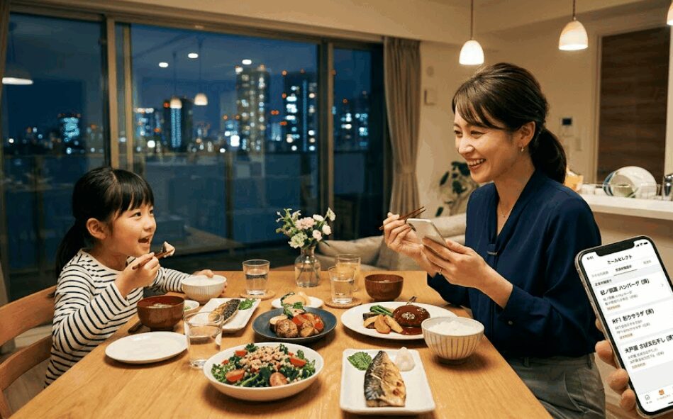 スマホでミールセレクトを注文しながら子供と食卓を囲む母親の様子