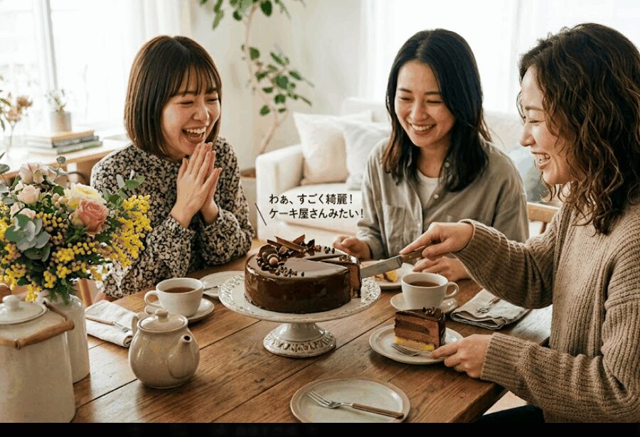 とろなまチョコをナイフで切り分ける様子と歓声をあげる友人