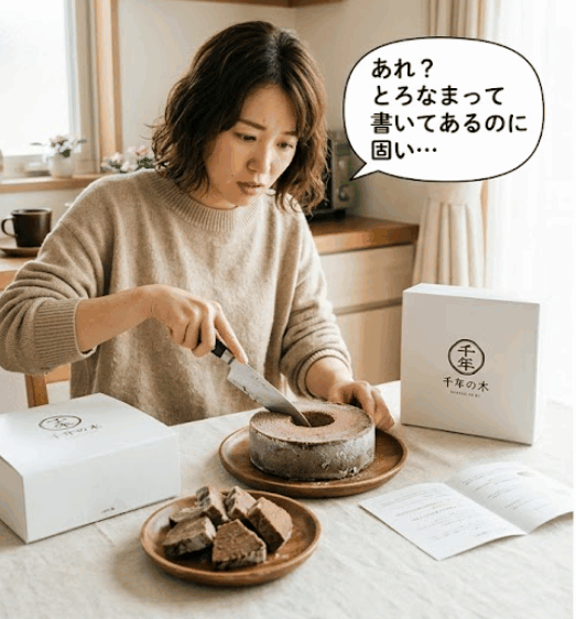 解凍時間を間違えてカチカチに凍ったとろなまバウムを切って焦る様子