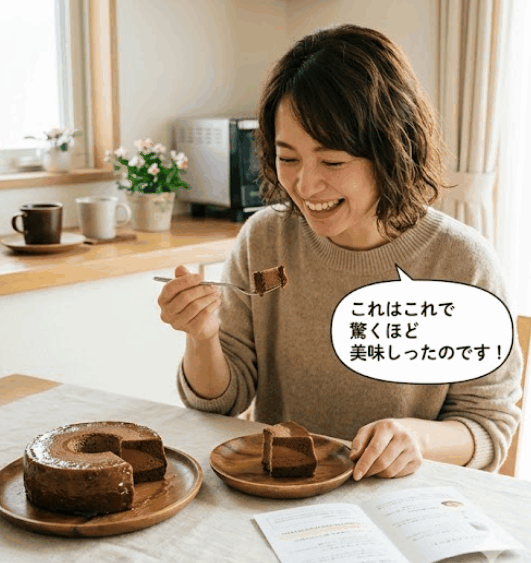 固いまま食べてもアイスケーキみたいで驚くほど美味しいと笑顔になる女性