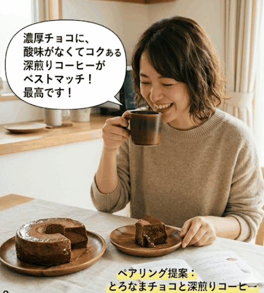 濃厚なとろなまチョコと酸味のない深煎りコーヒーを一緒に楽しむ女性
